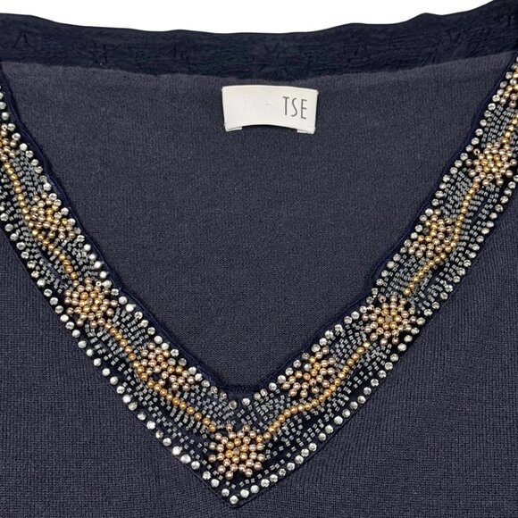 TSE Beaded Cashmere Sweater Sz L Gray  V-Neck Old Money Quiet Luxury Casual Chic - Picture 6 of 12